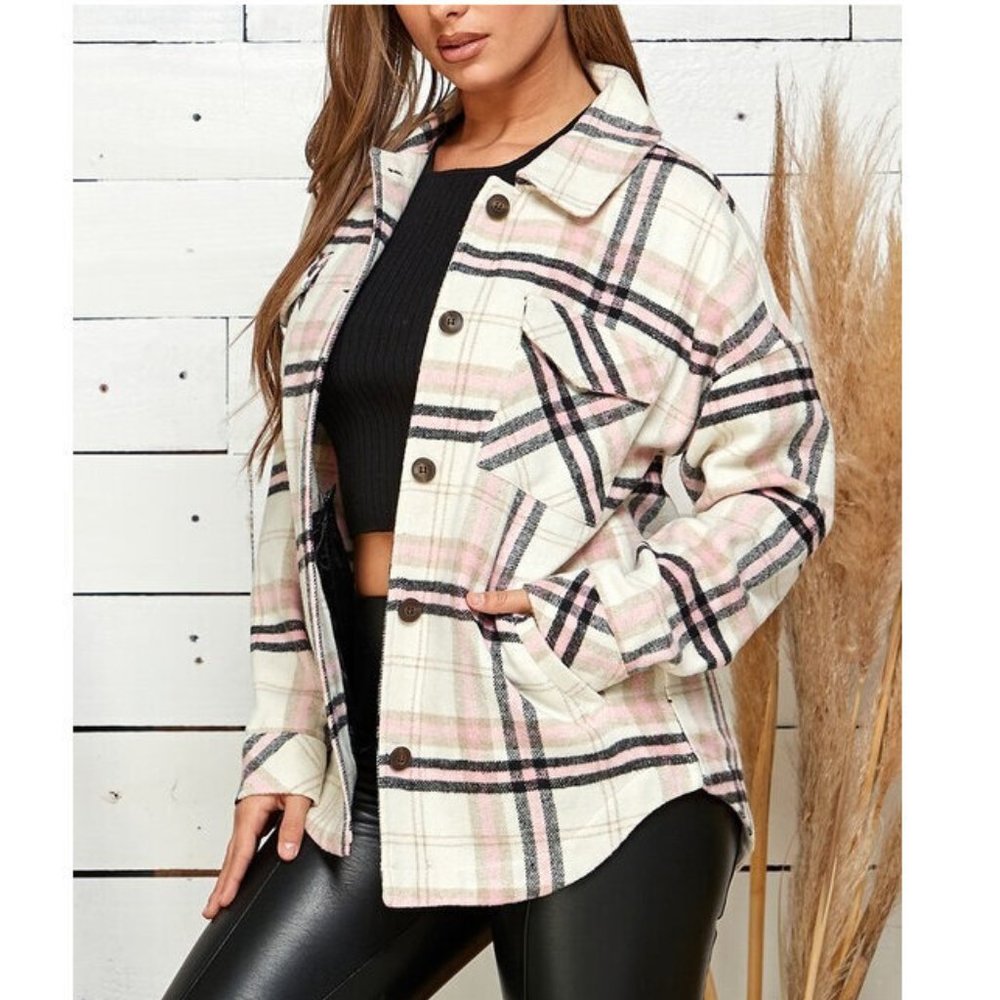 Boho Western Pink Black Plaid Flannel Shirt Jacket Shacket Outerwear